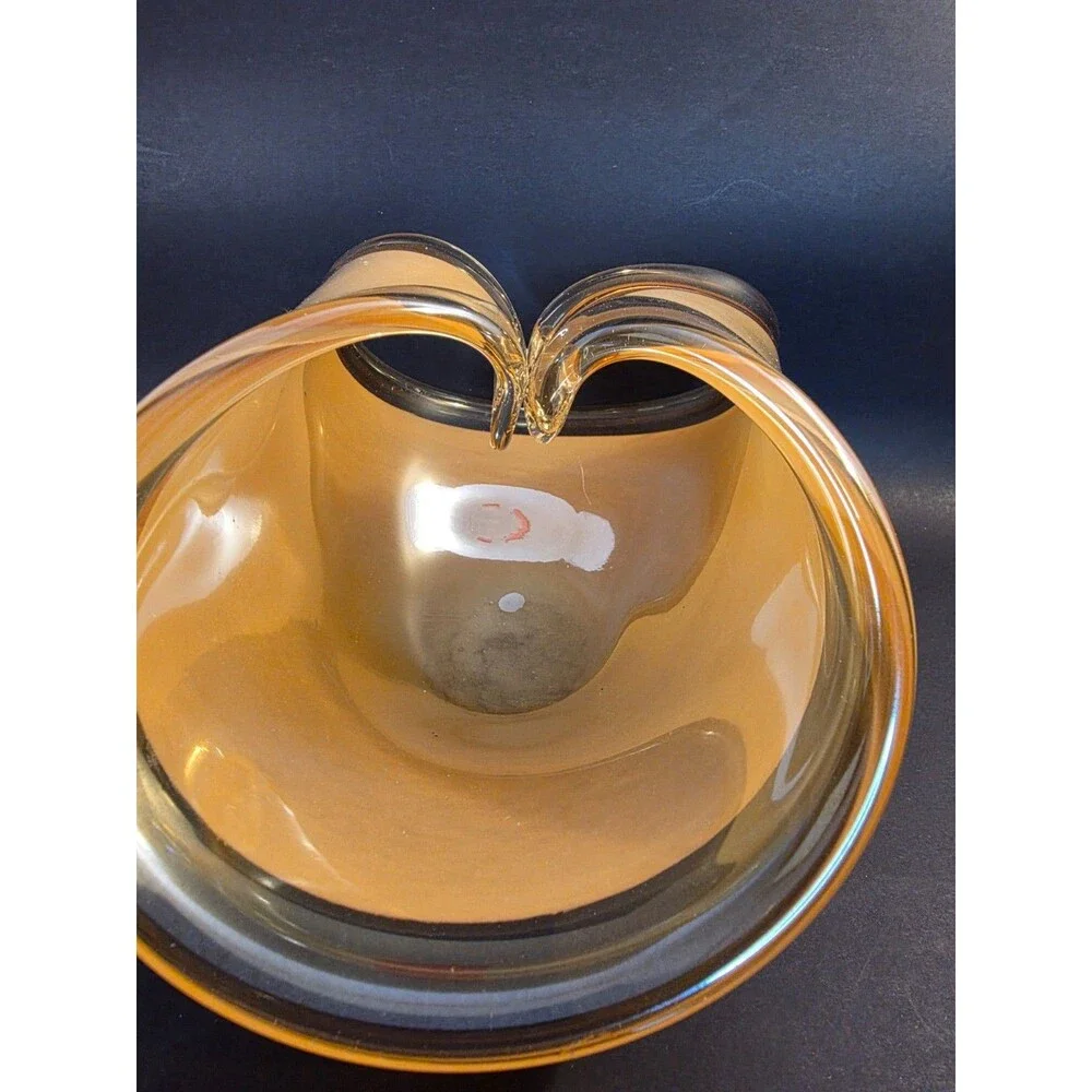 Vintage Amber Art Glass Bowl Folded Rim Heavy Glass Centerpiece MCM Style